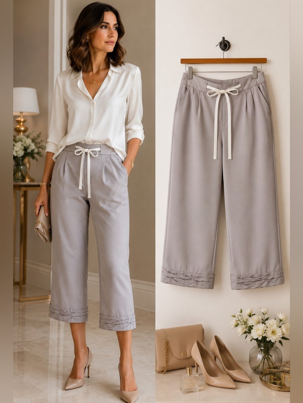 Shinestar Gold XL Cropped Tapered Pants Stone Gray Drawstring Elegant